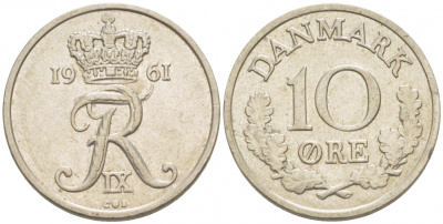 ДАНИЯ 10 ЭРЕ 1961 C; S, ФРЕДЕРИК IX (1947-1972) KM 849.1 медно-никель 3718-343