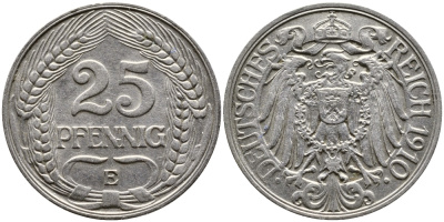 Германия 25 пфеннигов 1910 E KM 18, Weege 12, J.18 никель 93-123