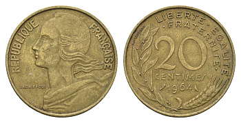 Франция 20 сантимов 1964 KM 930 алюминиевая бронза 4673-1113