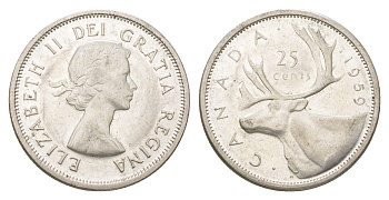 Канада 25 центов 1959 Елизавета II (1952-2022), олень KM 52 серебро UNC 4622-831