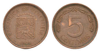Венесуэла 5 сентимо 1974 Y 49 сталь плакированная медью 4655-851