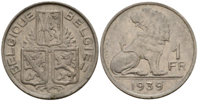 Бельгия 1 франк 1939 Belgique - Belgie KM 119 никель 4603-1235