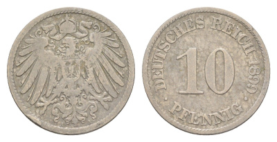 Германия 10 пфеннигов 1899 A, Вильгельм II (1888-1918) KM 12, J. 13 медно-никель 4640-241