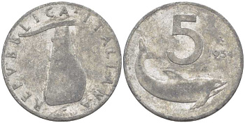 ИТАЛИЯ 5 ЛИР 1954 R, РУЛЬ, ДЕЛЬФИН KM 92 алюминий 24-116