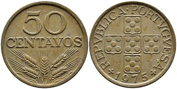 ПОРТУГАЛИЯ 50 СЕНТАВО 1975 KM 596 бронза 4391-1112