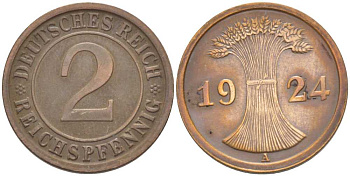 ГЕРМАНИЯ 2 РЕЙХСПФЕННИГA 1924 A KM 38, J. 314, Weege 4 бронза 206-866