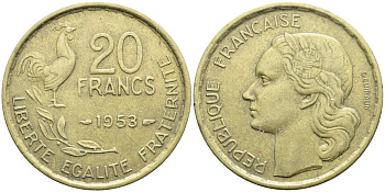 ФРАНЦИЯ 20 ФРАНКОВ 1953 4 ПЕРА KM 917.1 алюминиевая бронза 4393-1211