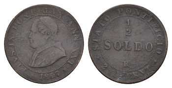 Папская область 1/2 сольдо 1867 R, Пий IX (1846-1878) KM 1371 медь 4655-121