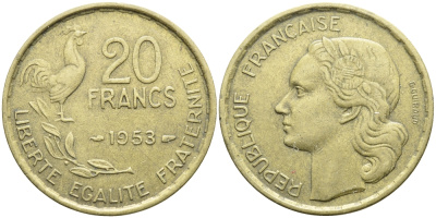 ФРАНЦИЯ 20 ФРАНКОВ 1953 4 ПЕРА KM 917.1 алюминиевая бронза 4393-1211