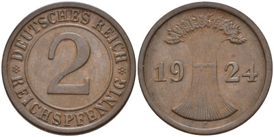Германия 2 рейхспфеннига 1924 E KM 38, J.314, Weege 4 медь 4584-635