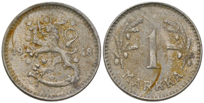 Финляндия 1 марка 1948 L KM 30b железо 4173-945