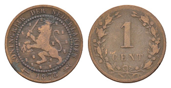 Нидерланды 1 цент 1878 Виллем III (1849-1890) KM 107 бронза 58-1131
