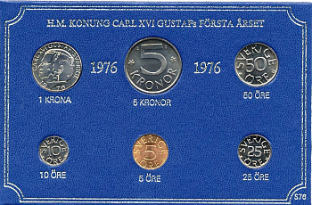 Швеция набор монетного двора из 6 монет 1976 в картоне, Карл XVI Густав (1973- ) KM MS4 UNC 7-5-7-218