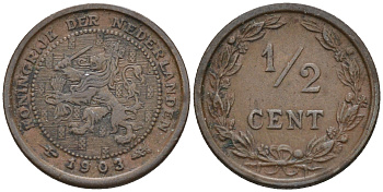Нидерланды 1/2 цента 1903 Вильгельмина (1890-1948) KM 133 бронза    4169-233