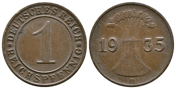 Германия 1 рейхспфенниг 1935 D KM 37, J. 313 бронза 220-118
