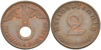 ГЕРМАНИЯ 2 РЕЙХСПФЕННИГА 1940 A KM 90, J. 362 бронза 261-1041