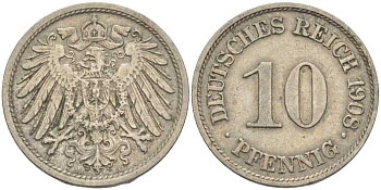 ГЕРМАНИЯ 10 ПФЕННИГОВ 1908 A KM 12, J. 13 медно-никель 31-425