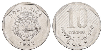 Коста-Рика 10 колонов 1992 KM 215.1 нержавеющая сталь 183-956