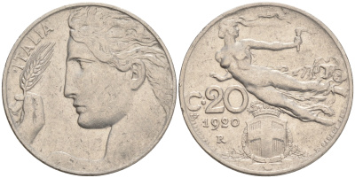 ИТАЛИЯ 20 ЧЕНТЕЗИМО 1920 R ВИКТОР ЭМАНУИЛ III KM 44 никель 4561-827