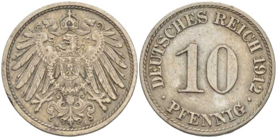 ГЕРМАНИЯ 10 ПФЕННИГОВ 1912 A KM 12, J. 13 медно-никель 33-121