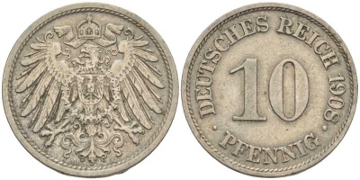 ГЕРМАНИЯ 10 ПФЕННИГОВ 1908 A KM 12, J. 13 медно-никель 31-425