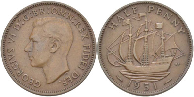Великобритания 1/2 пенни 1951 Георг VI (1936-1952) KM 868, Spink 4118 бронза 1518-1421