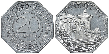 Германия, Нюрнберг - Фюрт 20 пфеннигов ND трамвайный жетон, женские ворота алюминий UNC 4119-557