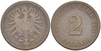 ГЕРМАНИЯ 2 ПФЕННИГА 1874 A, СТАРОГЕРБОВКА KM 2, J. 2, Weege 3 медь 212-444