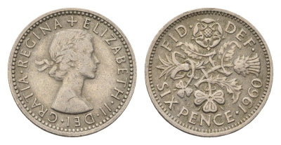 Великобритания 6 пенсов 1960 Елизавета II (1952-2022) KM 903, Spink 4149 медно-никель 4696-826
