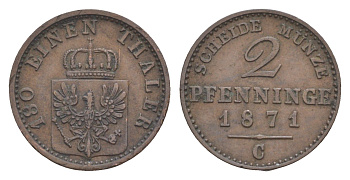 Пруссия 2 пфеннига 1871 C, Вильгельм I (1861-1888) KM 481, Jaeger 51, AKS 107, Olding 425 медь 4651-247