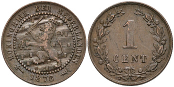 Нидерланды 1 цент 1878 Виллем III (1849-1890) KM 107 бронза 4576-547