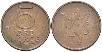 Норвегия 5 эре 1977 Улаф V (1958-1991) KM 415 бронза 4402-125