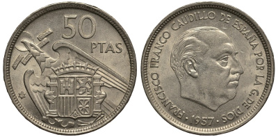 Испания 50 песет 1957 (58) Франсиско Франко (1939-1975) KM 788 медно-никель 4185-714