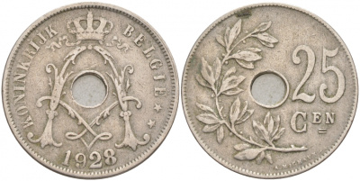 БЕЛЬГИЯ 25 САНТИМОВ 1928 BELGIE KM 69 медно-никель 68-255
