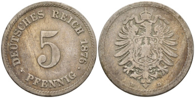 Германия 5 пфеннигов 1876 A, старогербовка KM 3, J. 3 медно-никель 4151-357