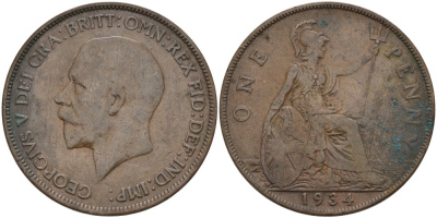 Великобритания 1 пенни 1934 Георг V (1910-1936) KM 838, Spink 4055 бронза 4389-1025