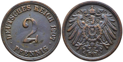 ГЕРМАНИЯ 2 ПФЕННИГА 1907 A KM 16, Jager 11, Weege 4 медь 4546-641