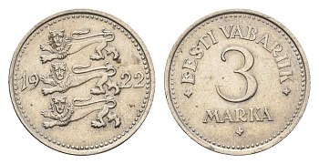Эстония 3 марки 1922 год-тип KM 2 медно-никель 1527-1444