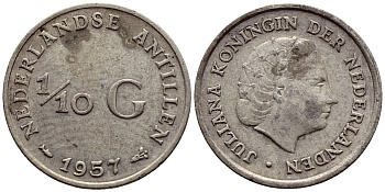 Нидерландские Антилы 1/10 гульдена 1957 Юлиана (1948-1980) KM 3 серебро 46-847