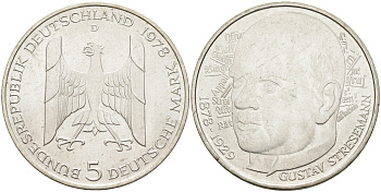 ФРГ 5 марок 1978 D, 200 лет со дня рождения Густава Штреземана J. 422, KM 147 серебро  UNC  4117-244