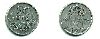 ШВЕЦИЯ 50 ЭРЕ 1935 серебро 45-442