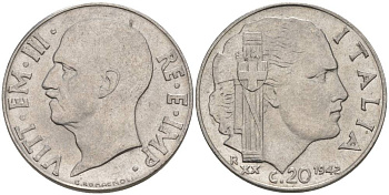 ИТАЛИЯ 20 ЧЕНТЕЗИМО 1942 R, ГОД XX, ВИКТОР ЭММАНУИЛ III (1900-1946), МАГНИТНАЯ, ГУРТ РИФЛЁНЫЙ KM 75b, VEM3. 1029 нержавеющая сталь 3853-433