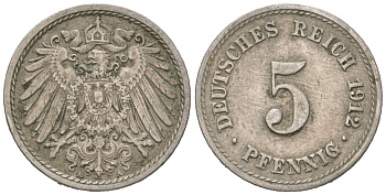 Германия 5 пфеннигов 1912 A, Вильгельм II (1888-1918) KM 11, J. 12 медно-никель 4615-735
