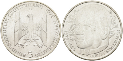 ФРГ 5 марок 1978 D, 200 лет со дня рождения Густава Штреземана J. 422, KM 147 серебро  UNC  4117-244
