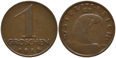 АВСТРИЯ 1 ГРОШ 1926 ДОВОЕННАЯ ДЕСЯТИЧНАЯ ЧЕКАНКА KM 2836 бронза 4532-961