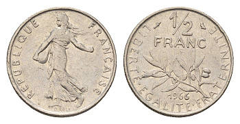 Франция 1/2 франка 1966 KM 931.1 никель 4685-326