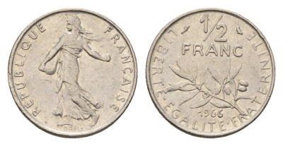 Франция 1/2 франка 1966 KM 931.1 никель 4685-326