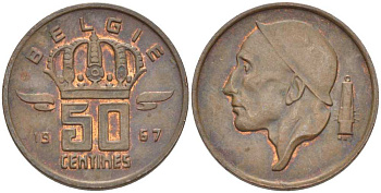 Бельгия 50 сантимов 1967 Belgie, Бодуэн I (1951-1993) KM 149.1 бронза 4396-1039