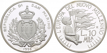 Сан-Марино 10000 лир 1998 Европа в новом тысячелетии, миллениум KM 387 серебро PROOF 11-227-35
