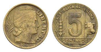 Аргентина 5 сентаво 1943 KM 40 алюминиевая бронза 4664-536